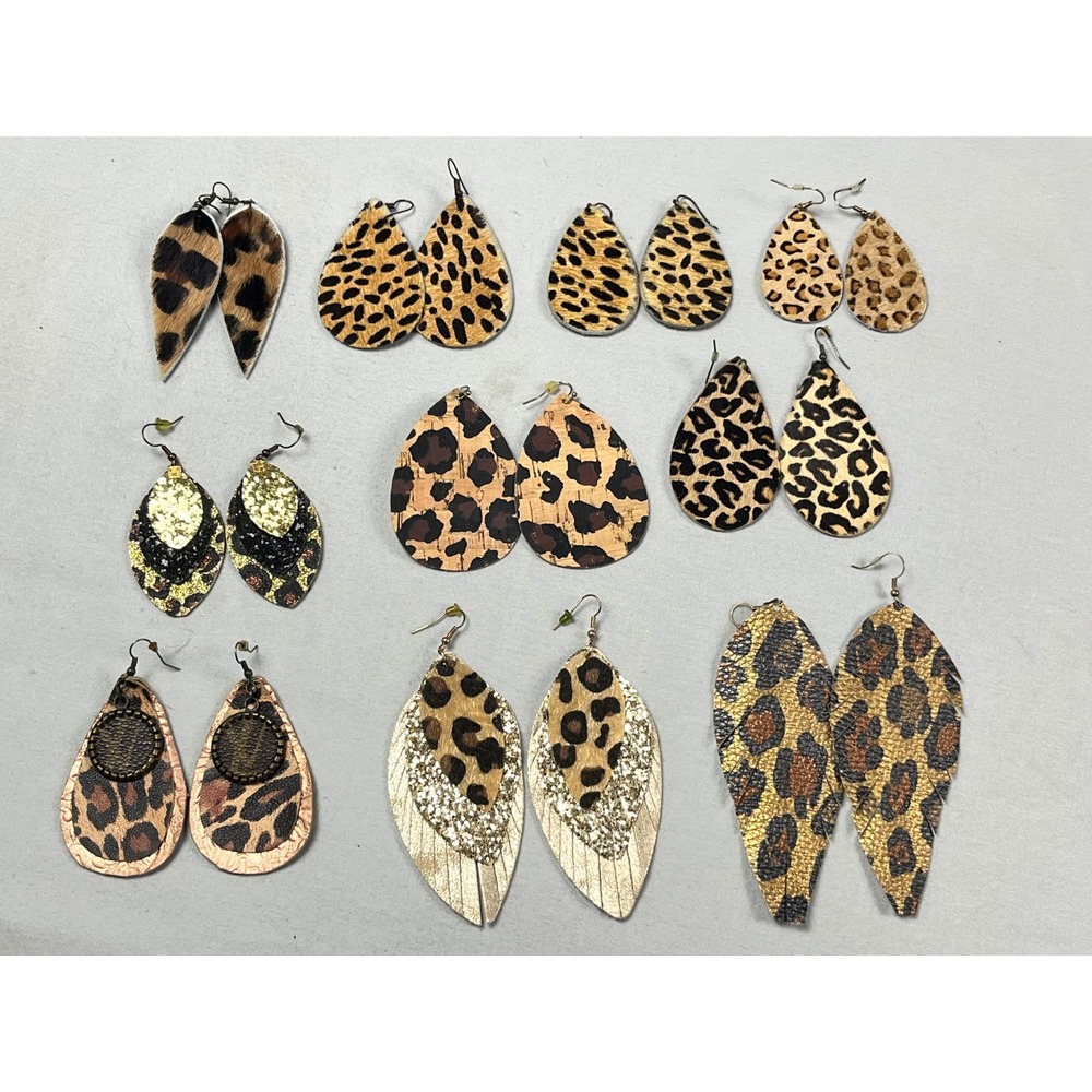 Leopard Animal Print Teardrop Leaf Faux Leather Cork Earrings Lot of 10